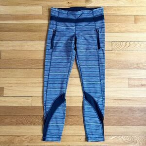 Lululemon Run Inspire Crop Grey Striped Mesh Panel Cropped Workout Leggings 6